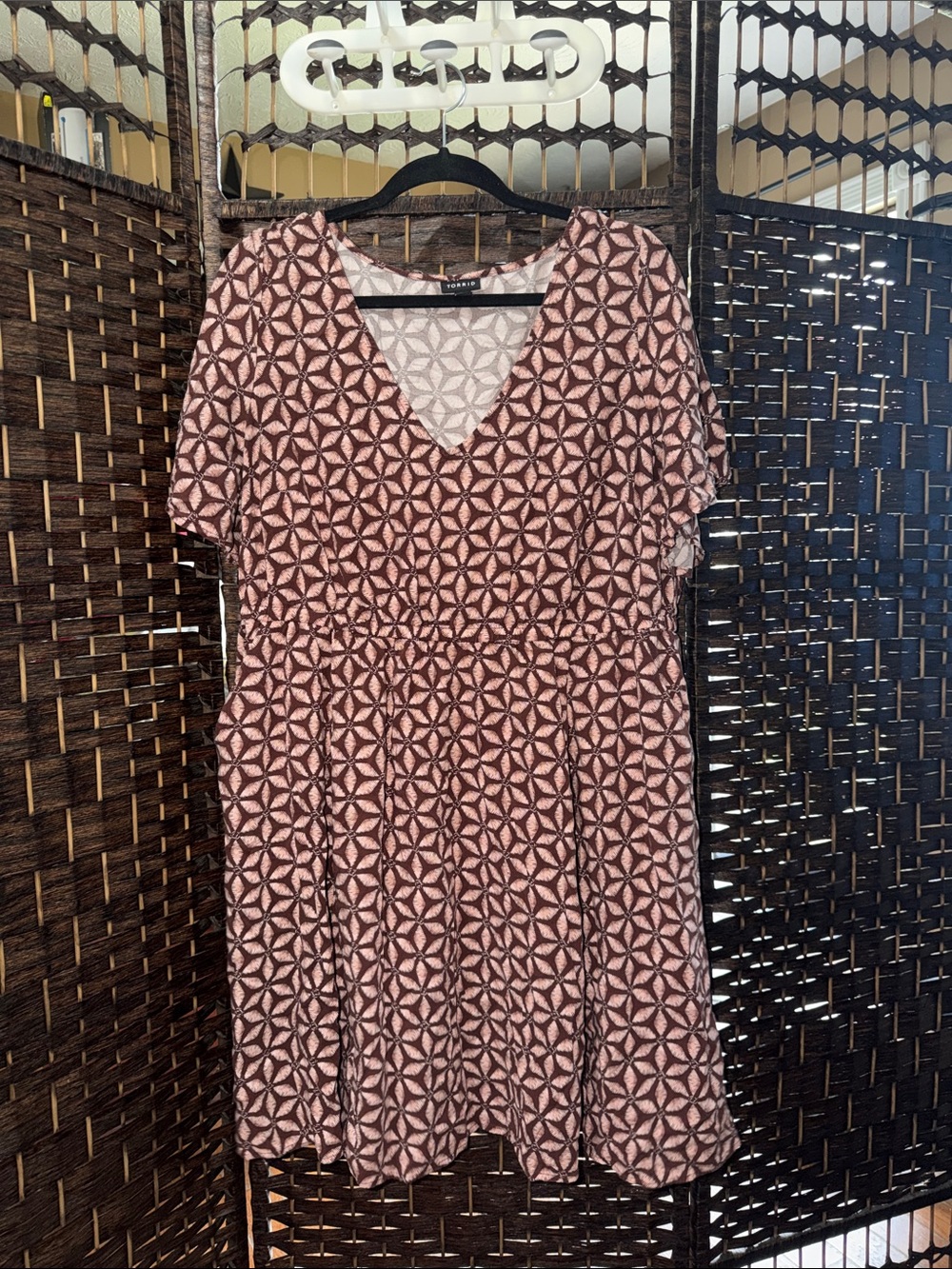 torrid Pink & Brown Geometric V-Neck Short Sleeve Dress 2x